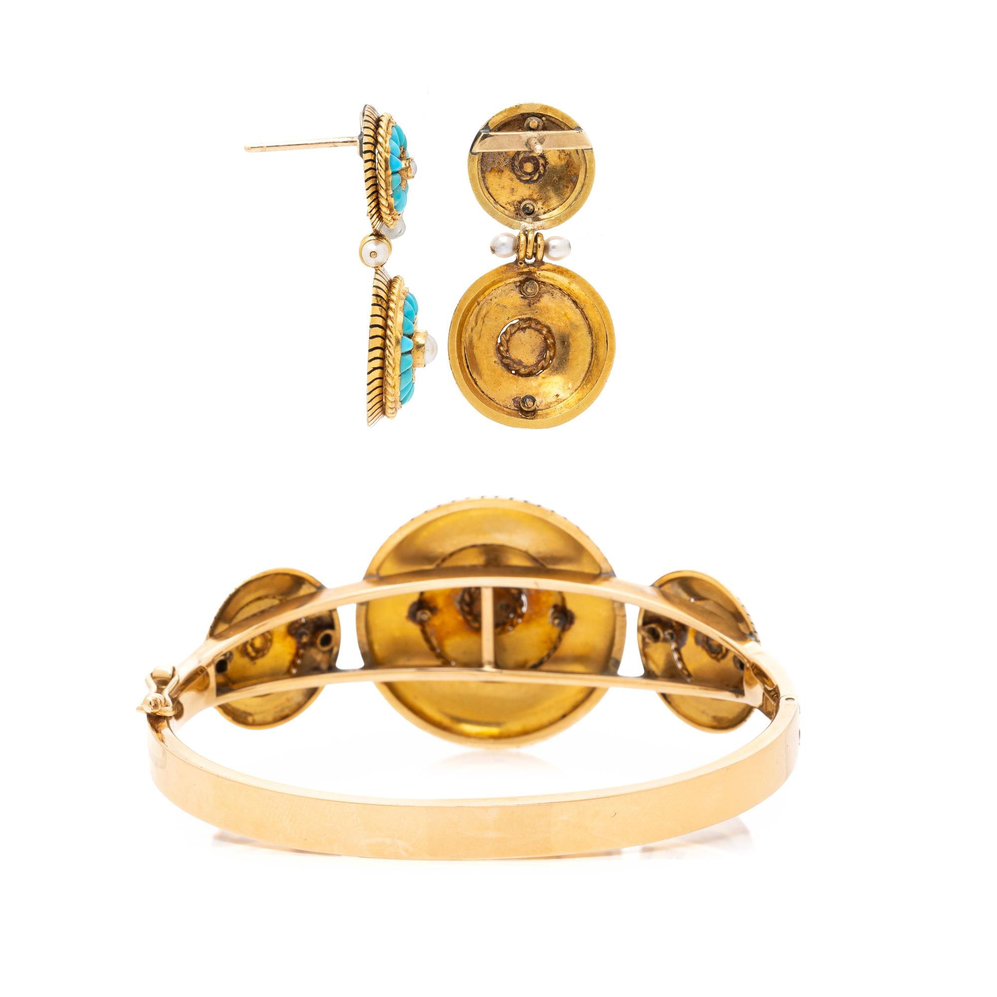 YELLOW GOLD, TURQUOISE, AND SEED PEARL BRACELET AND EARRINGS