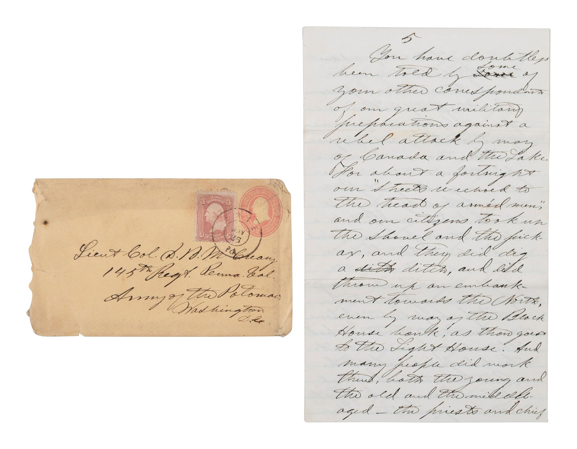 [CIVIL WAR]. Military preparations against a rebel attack by way of Canada and Lake Erie described in 18 pp. letter to Lt. Col. McCreary of the 145th Pennsylvania.