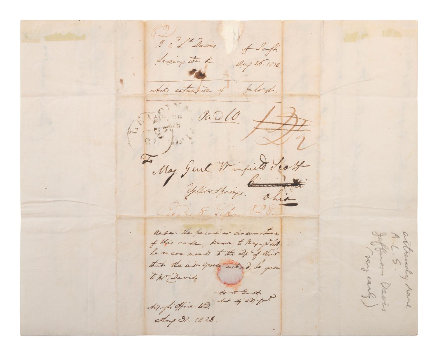 DAVIS, JEFFERSON (1808-1889). Autograph letter signed ("J.F. Davis") to General Winfield Scott. "Lexington," [Kentucky], 26 August 1828.