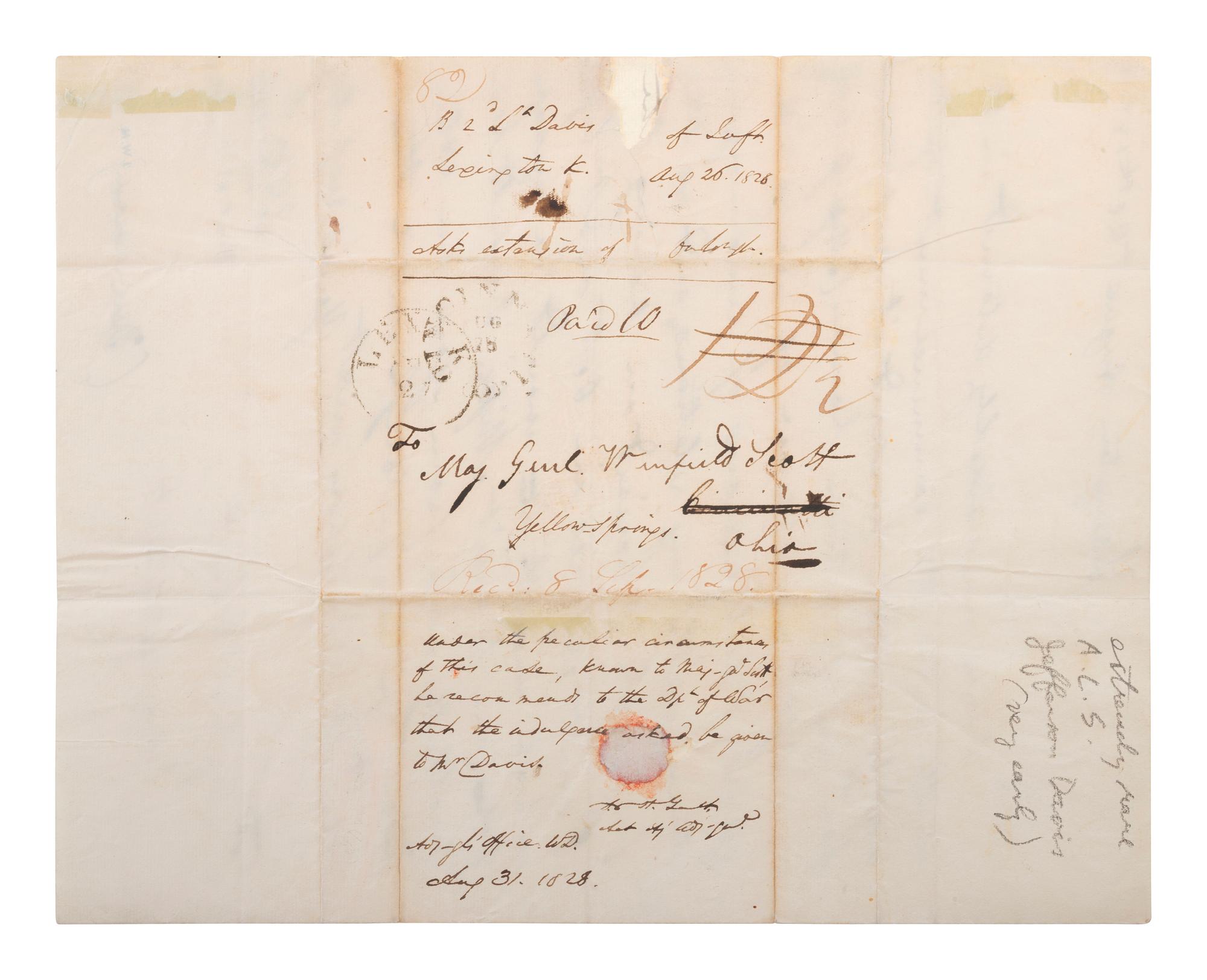 DAVIS, JEFFERSON (1808-1889). Autograph letter signed ("J.F. Davis") to General Winfield Scott. "Lexington," [Kentucky], 26 August 1828.