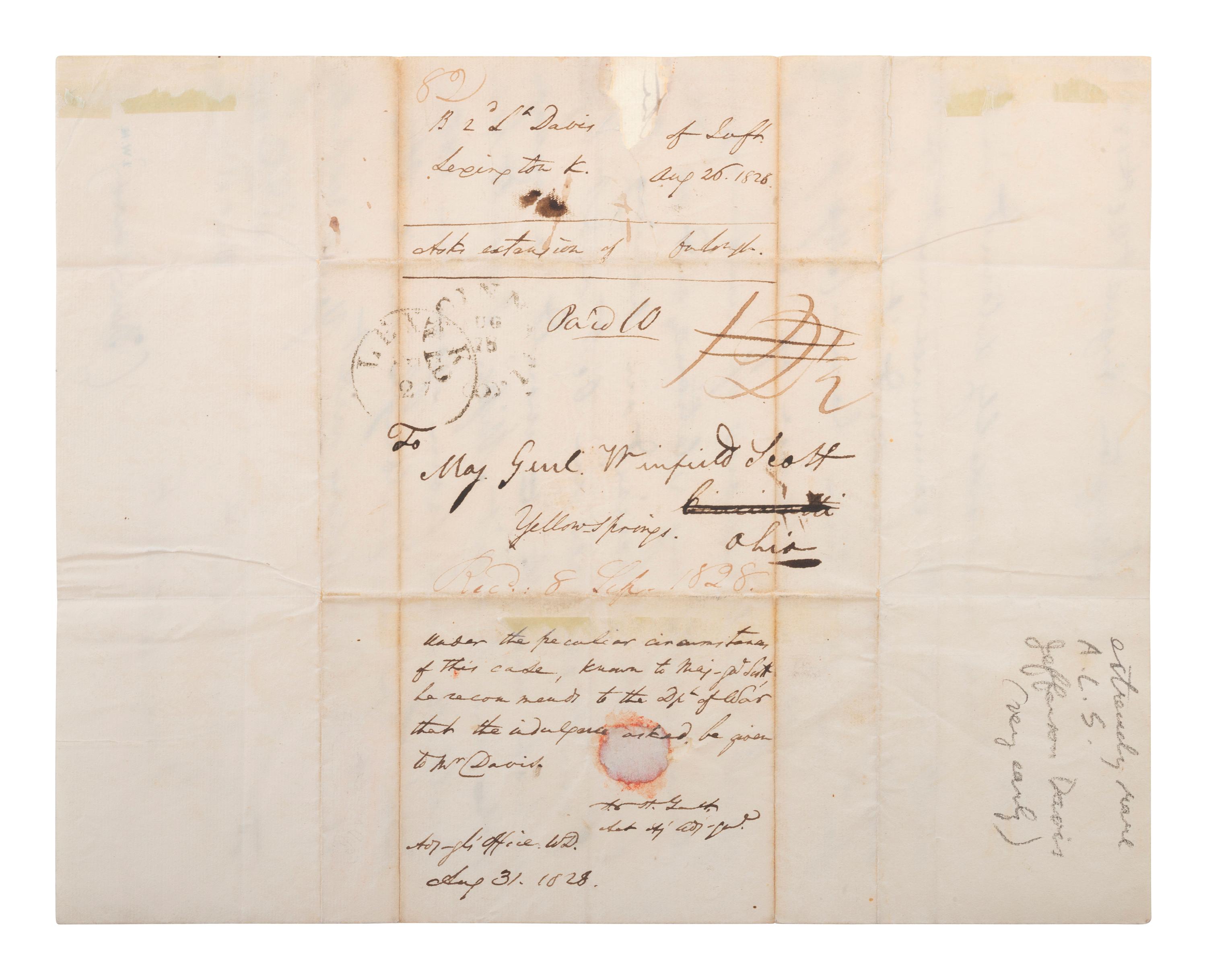 DAVIS, JEFFERSON (1808-1889). Autograph letter signed ("J.F. Davis") to General Winfield Scott. "Lexington," [Kentucky], 26 August 1828.