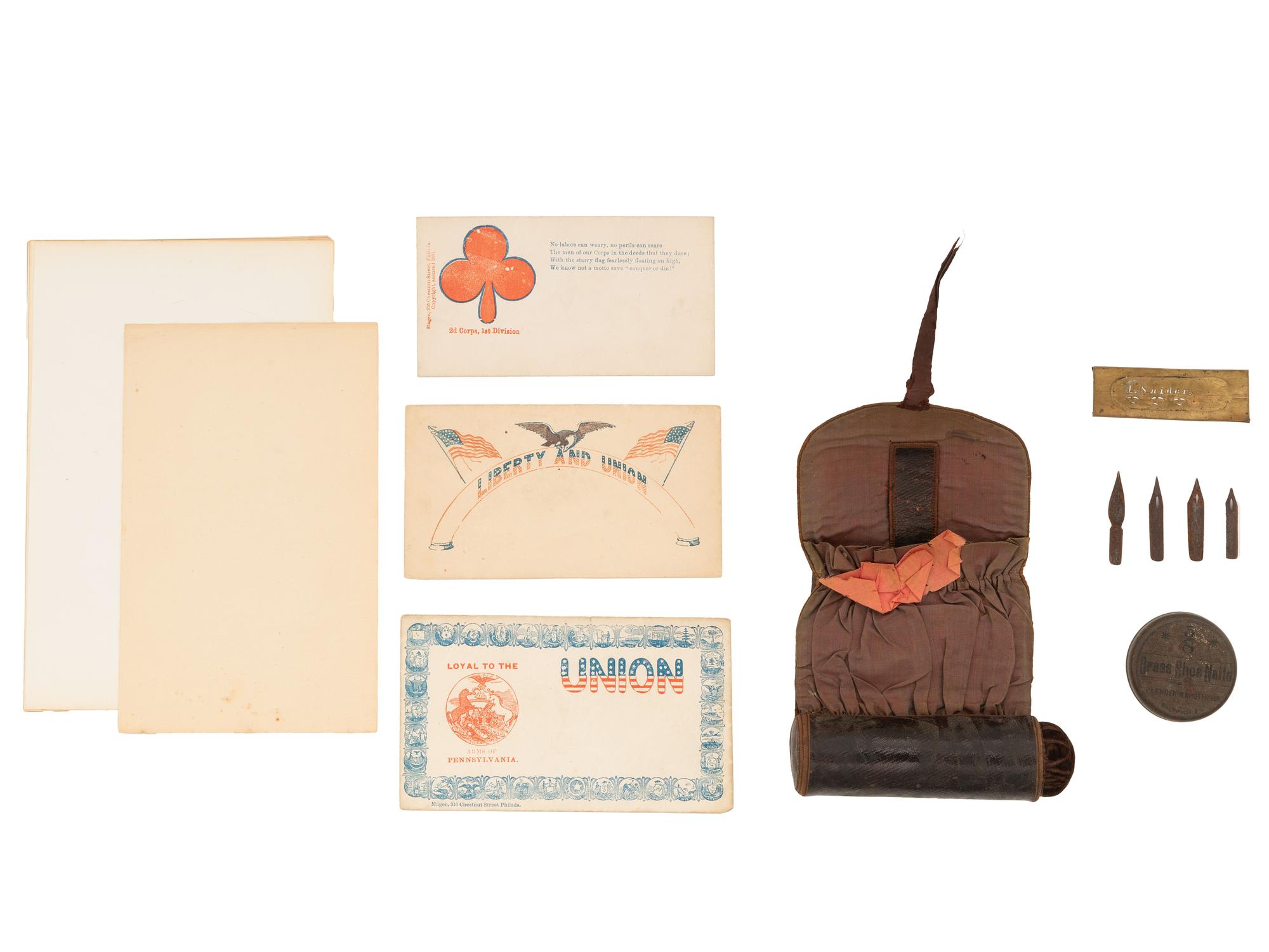 [CIVIL WAR]. Soldier's lap desk containing housewife, stencil, CDVs, and more.
