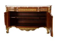 A Louis XVI Style Gilt Bronze Mounted Kingwood and Marquetry Marble-Top Commode