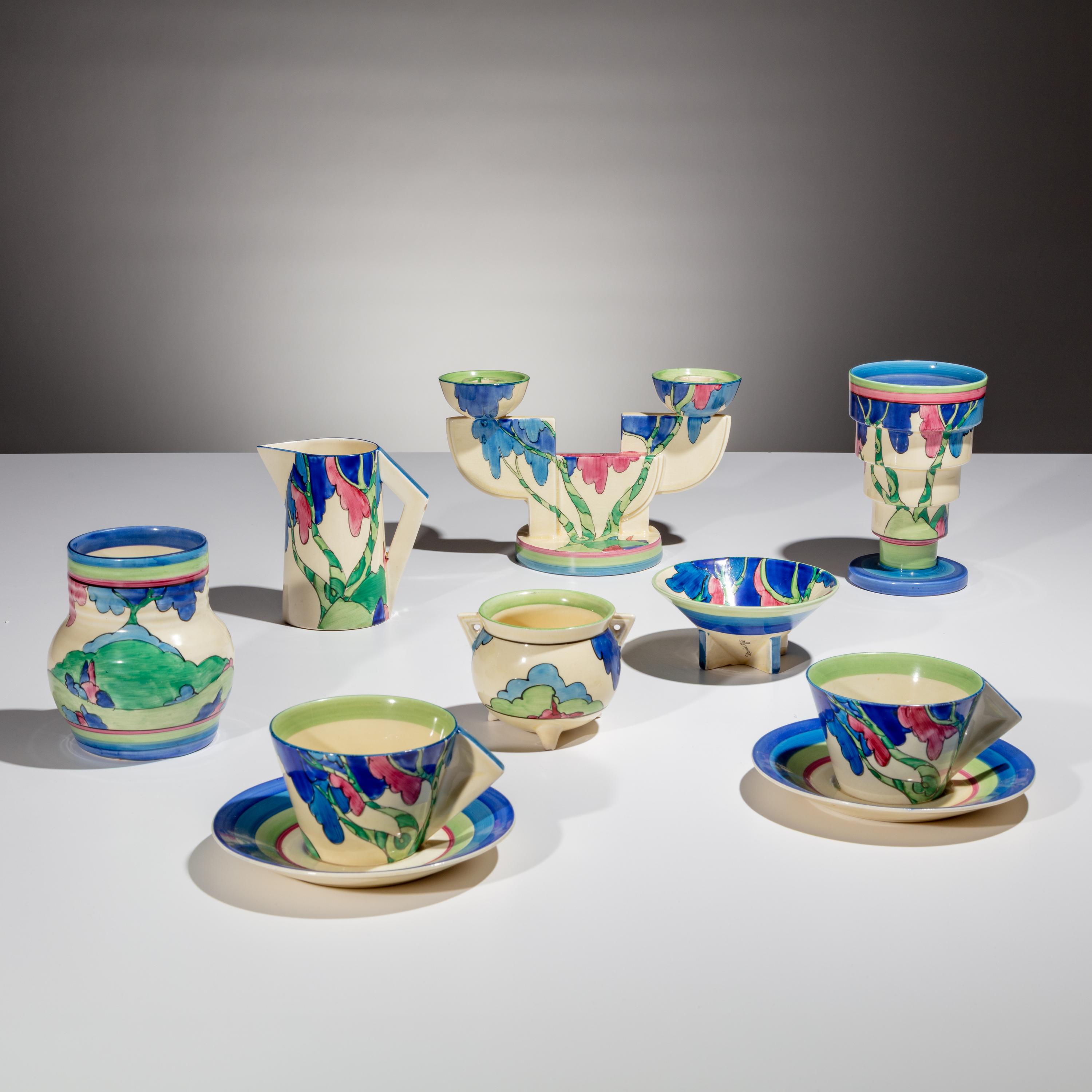 Clarice Cliff (English, 1899–1972) — Rudyard pattern, 8 pieces