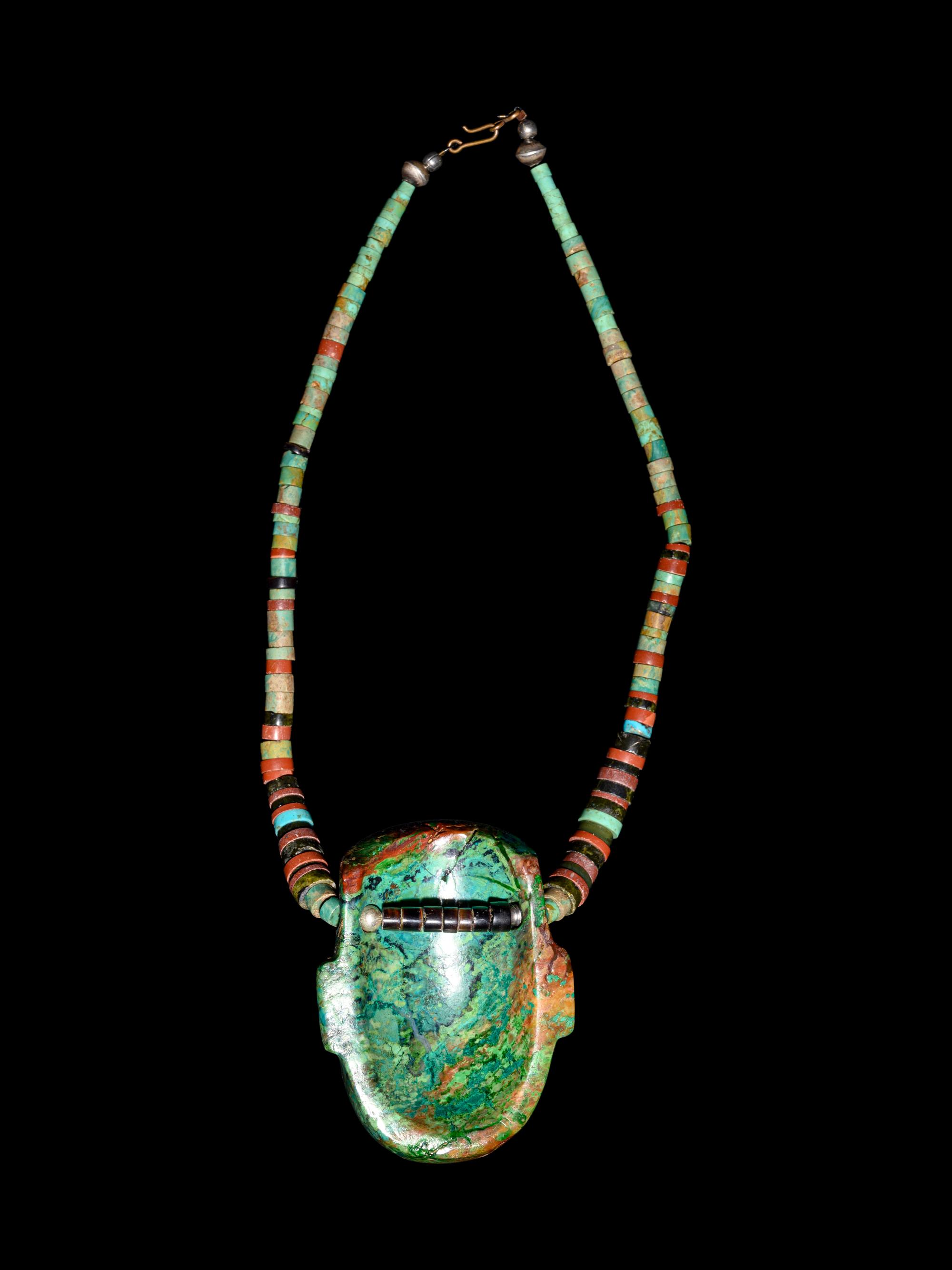 A Modern Greenstone Necklace with Olmec Style Were-Jaguar Mask