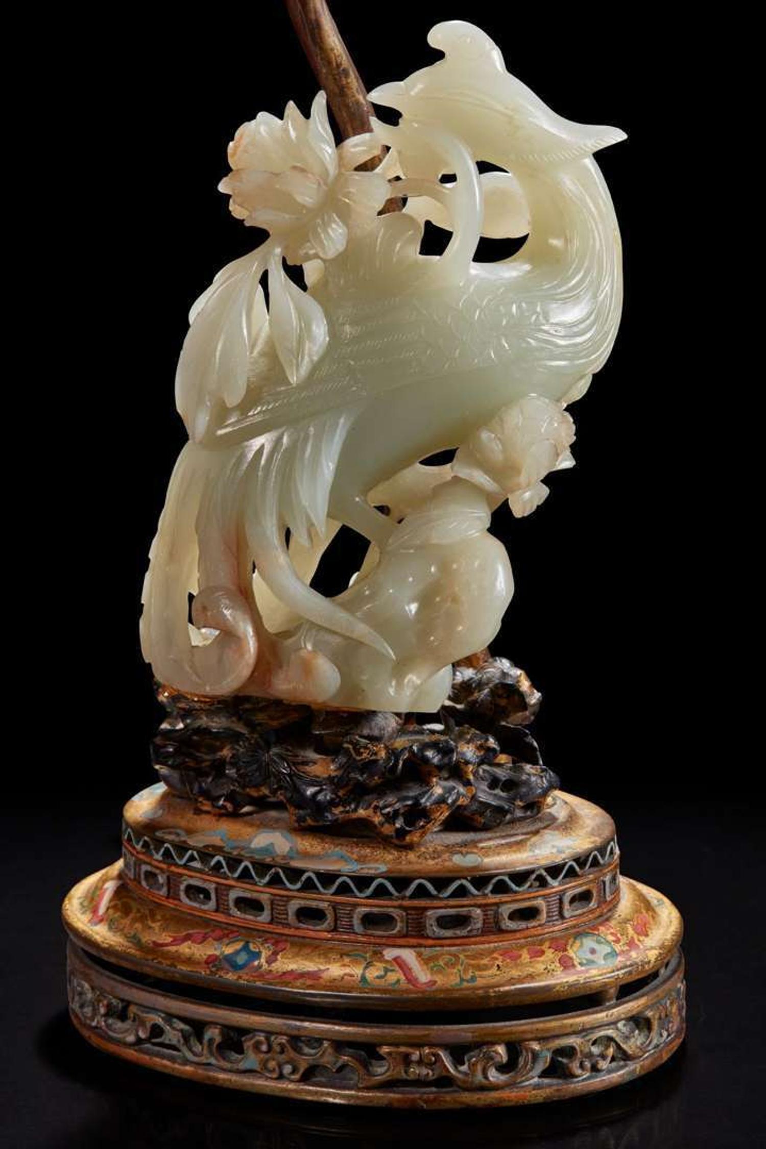 A Chinese jade figure of a phoenix mounted as a lamp 玉凤鸟镶嵌台灯 The jade 18th/early 19th century ??????????????