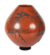 Redware Pottery Vase, with Turquoise and Agate Medallions
