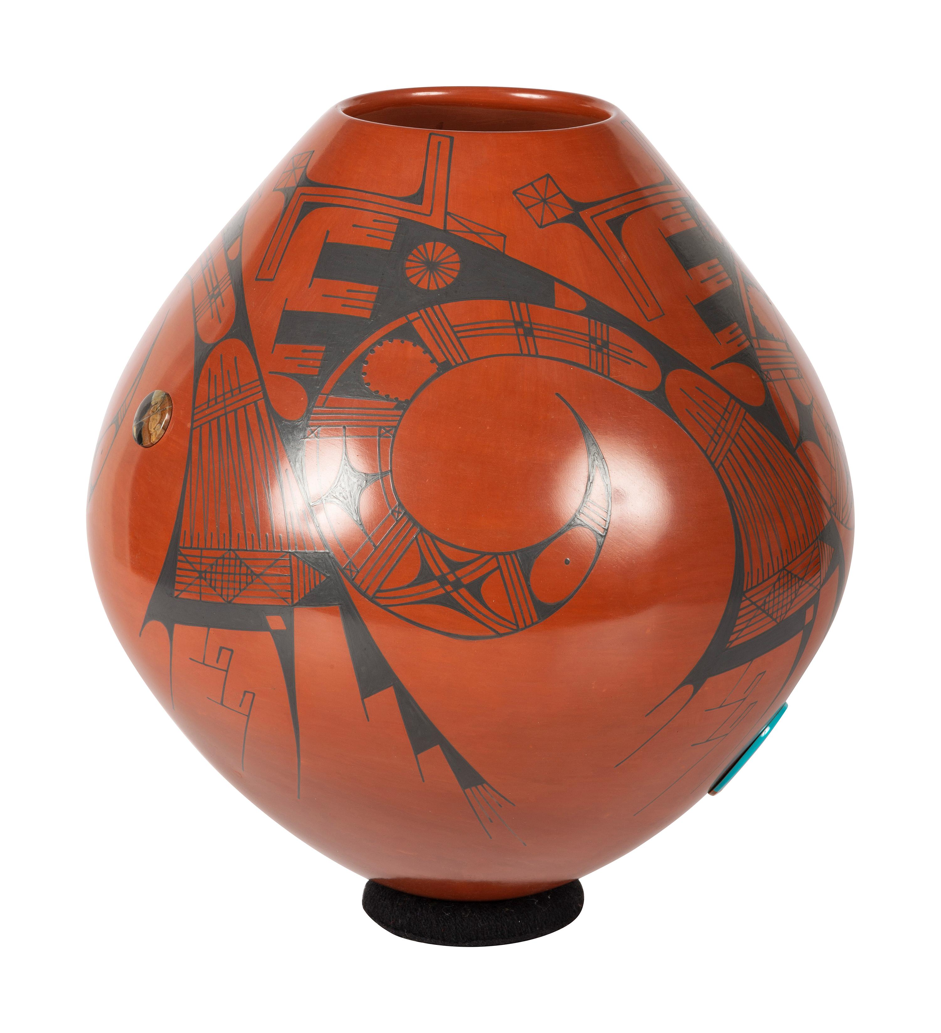 Redware Pottery Vase, with Turquoise and Agate Medallions
