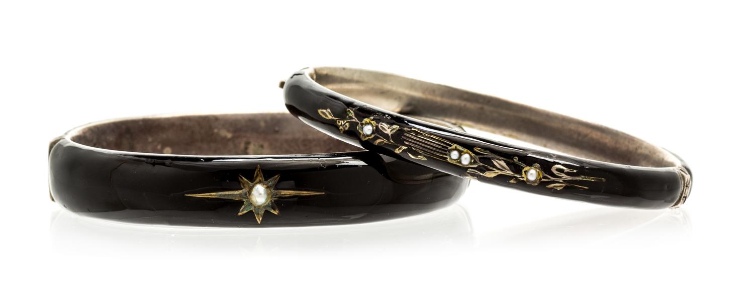 A Pair of Victorian Silver, Enamel, and Pearl Bangle Bracelets, 18.50 dwts.
