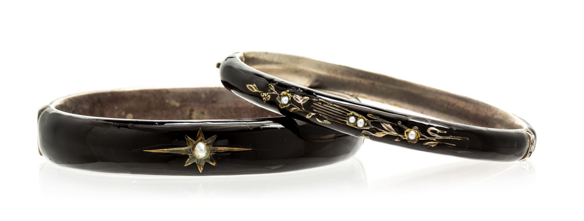 A Pair of Victorian Silver, Enamel, and Pearl Bangle Bracelets, 18.50 dwts.