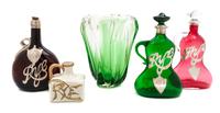 Five Silver Overlay Glass and Porcelain Bar Articles. Height of tallest 13 inches.