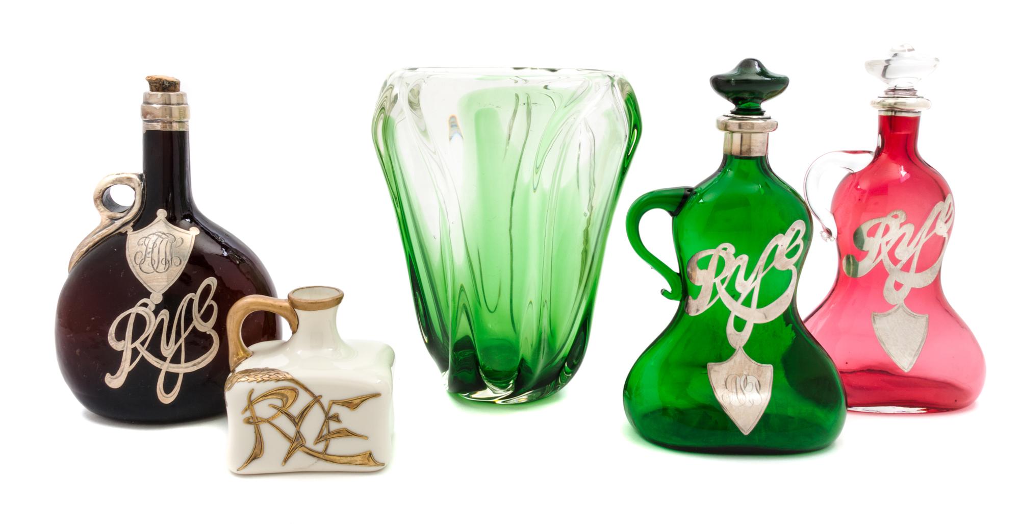 Five Silver Overlay Glass and Porcelain Bar Articles. Height of tallest 13 inches.