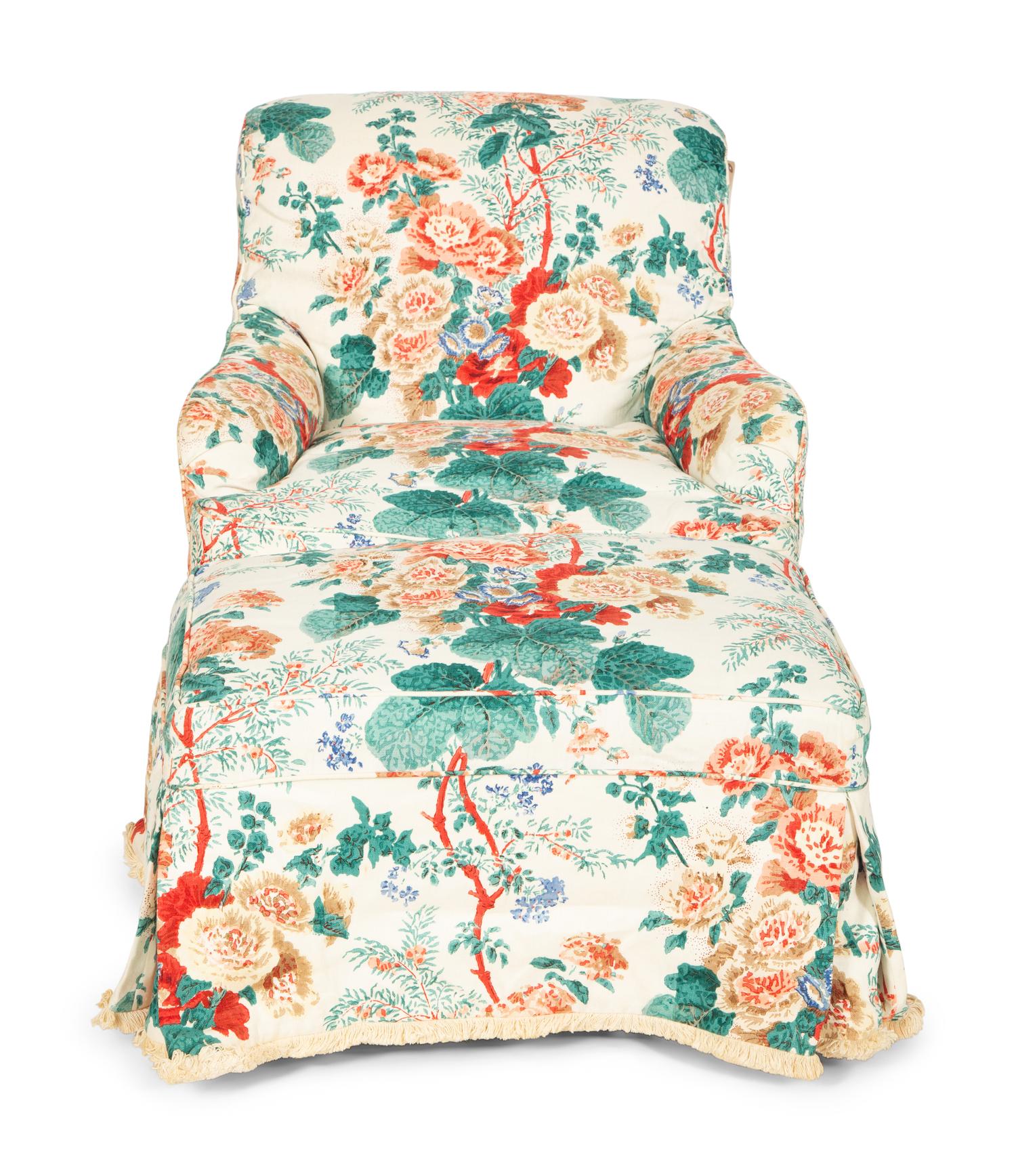 A Printed Cotton-Upholstered Three-Cushion Sofa, Club Chair and Ottoman
