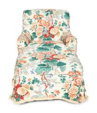 A Printed Cotton-Upholstered Three-Cushion Sofa, Club Chair and Ottoman