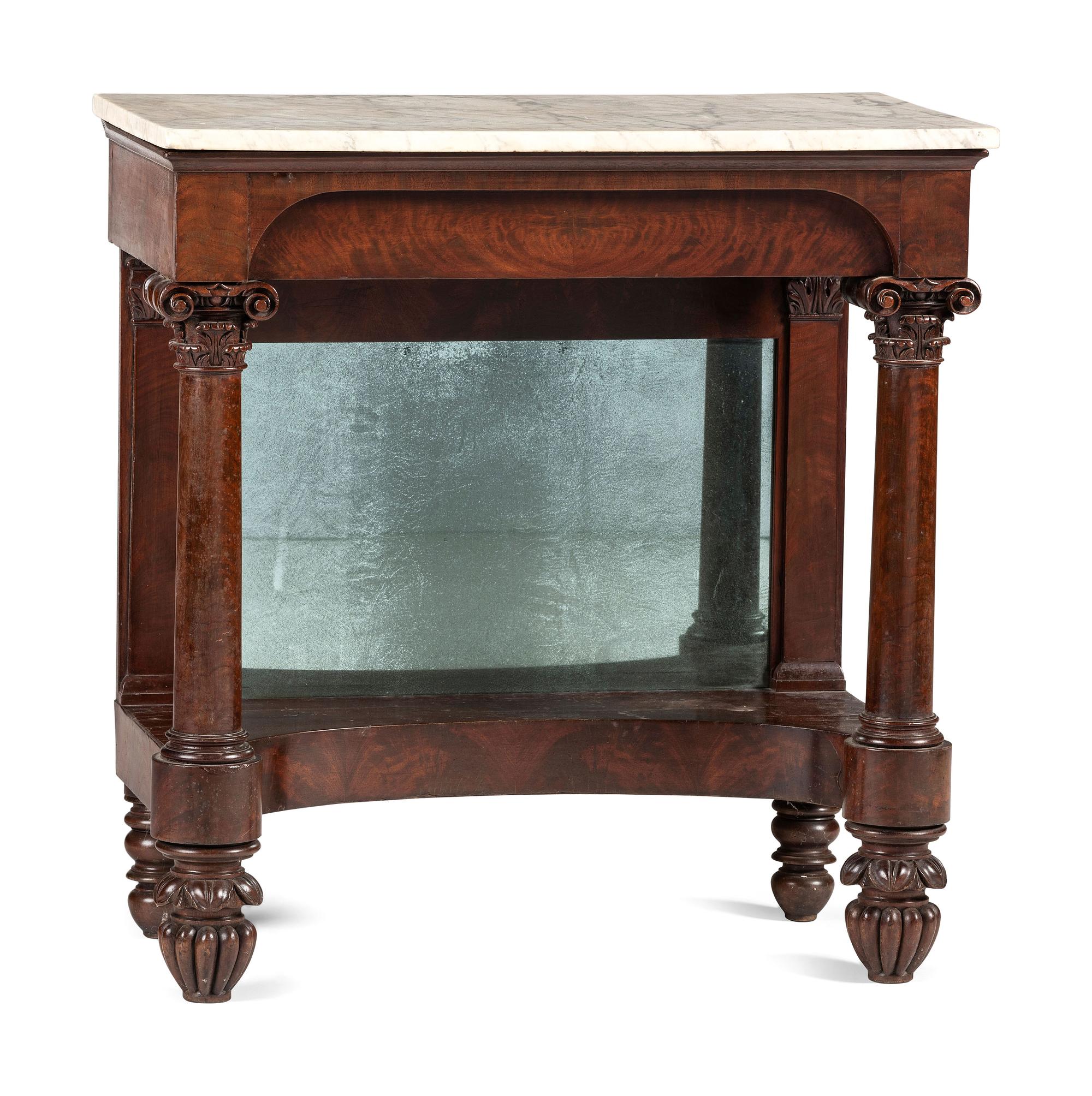 A Classical Carved and Veneered Walnut Marble Top Pier Table