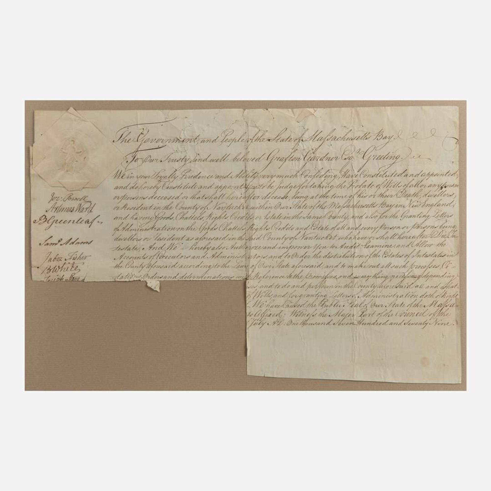 [Declaration of Independence] [Massachusetts] Adams, Samuel Manuscript Document, signed
