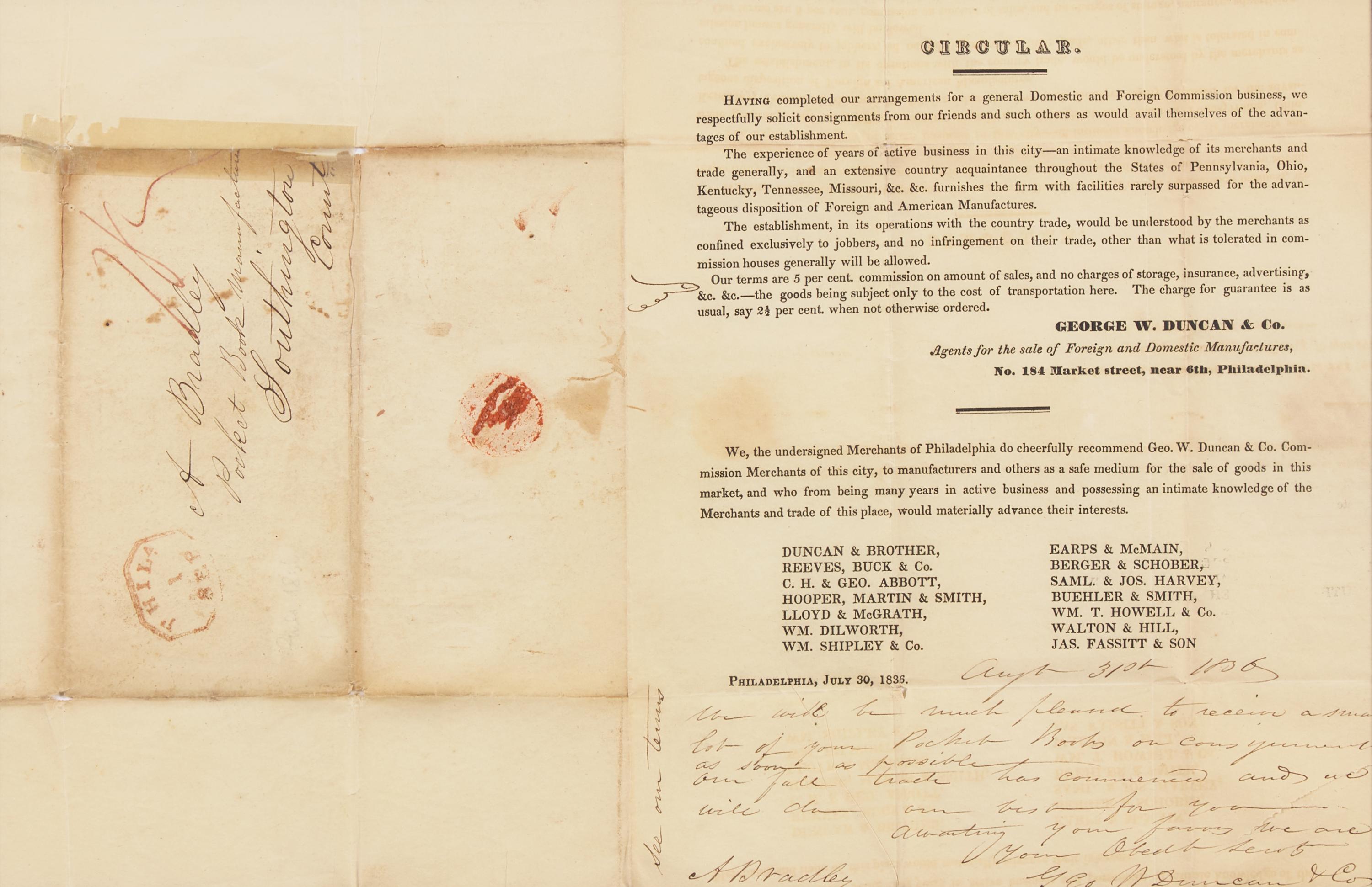 [Philadelphia] Printed circular for a Philadelphia merchant