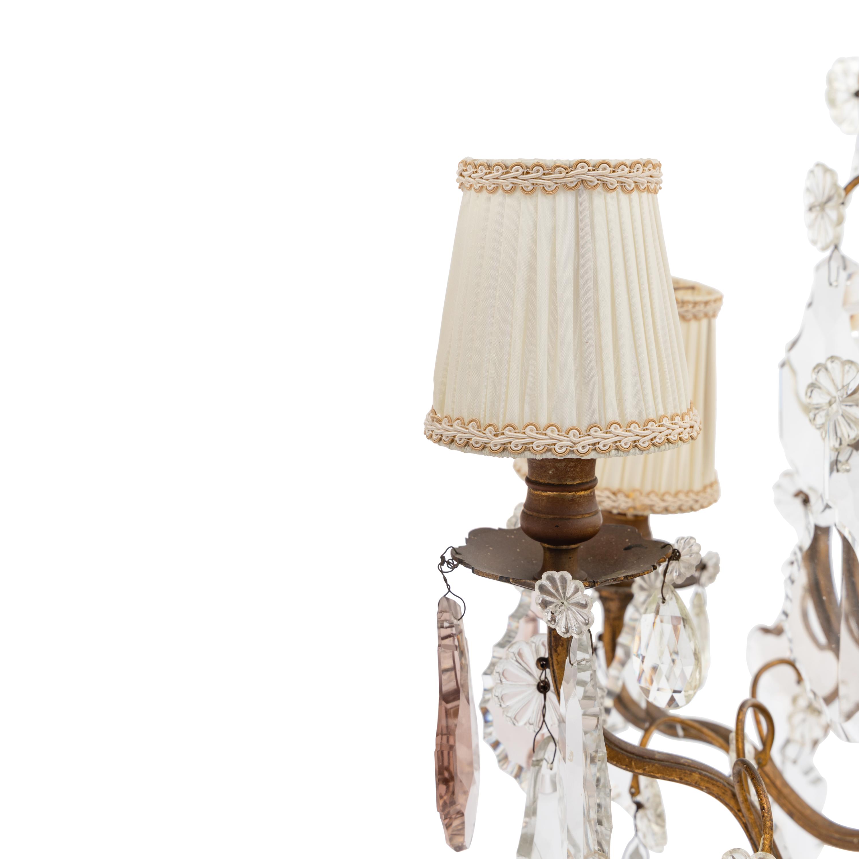 A Pair of French Gilt Metal and Cut Glass Six-Light Girandole Lamps