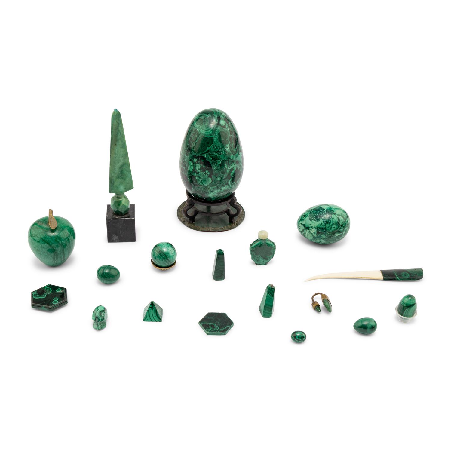 A Collection of Carved Malachite Decorative Articles