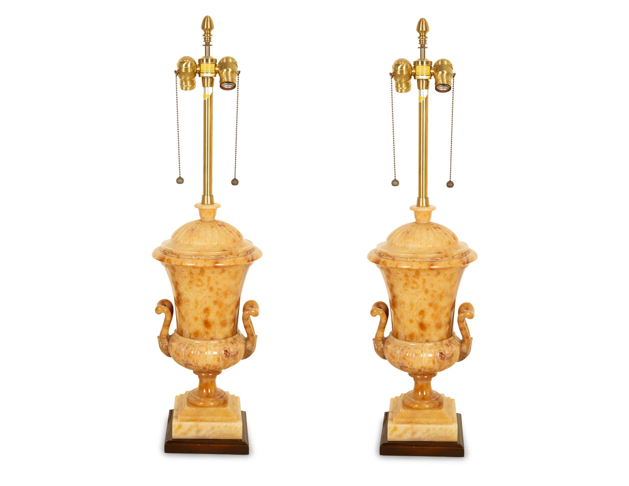 A Pair of Classical Style Alabaster Urns Mounted as Table Lamps