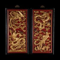 A Pair of Chinese Gilt and Red Lacquered Wood Wall Panels
