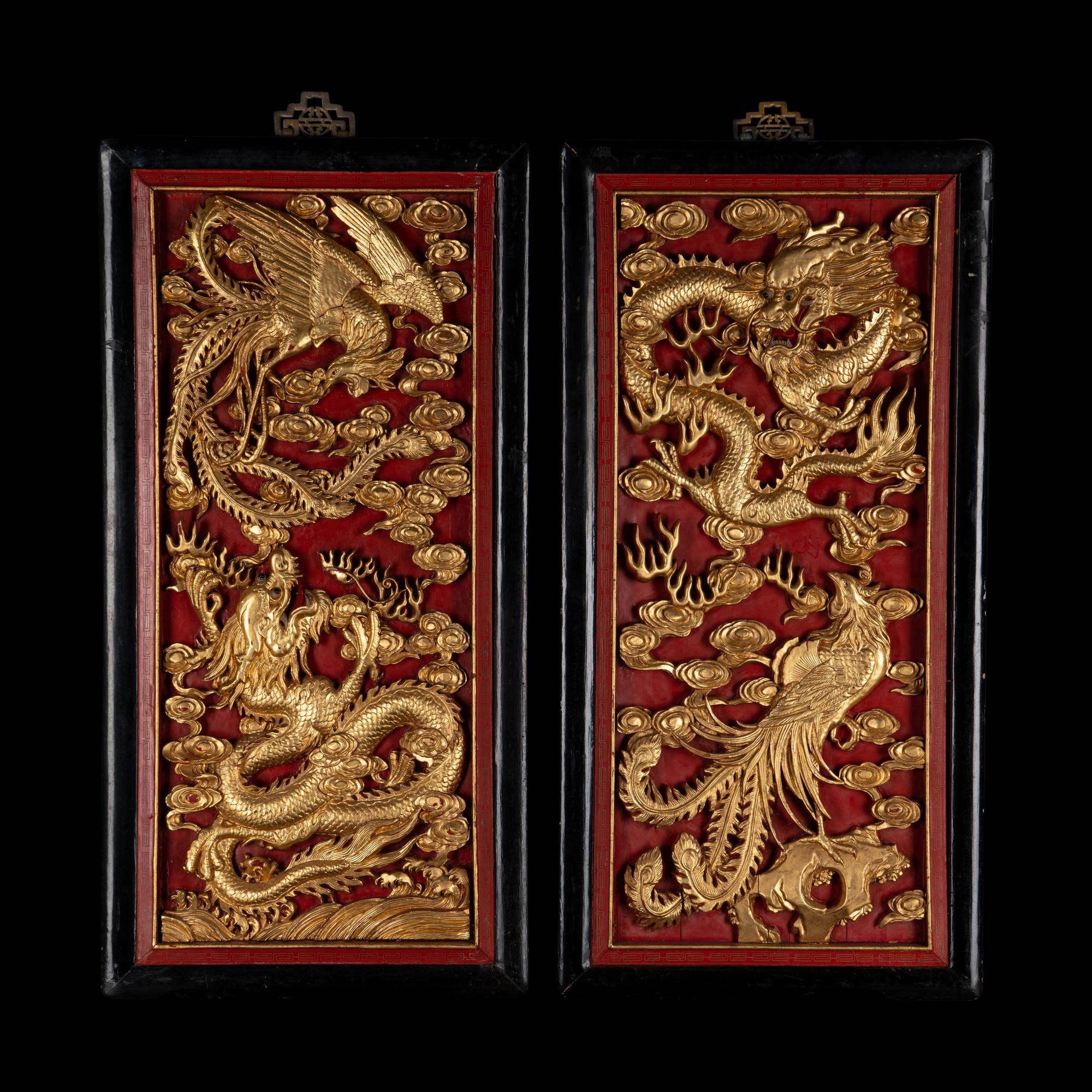 A Pair of Chinese Gilt and Red Lacquered Wood Wall Panels