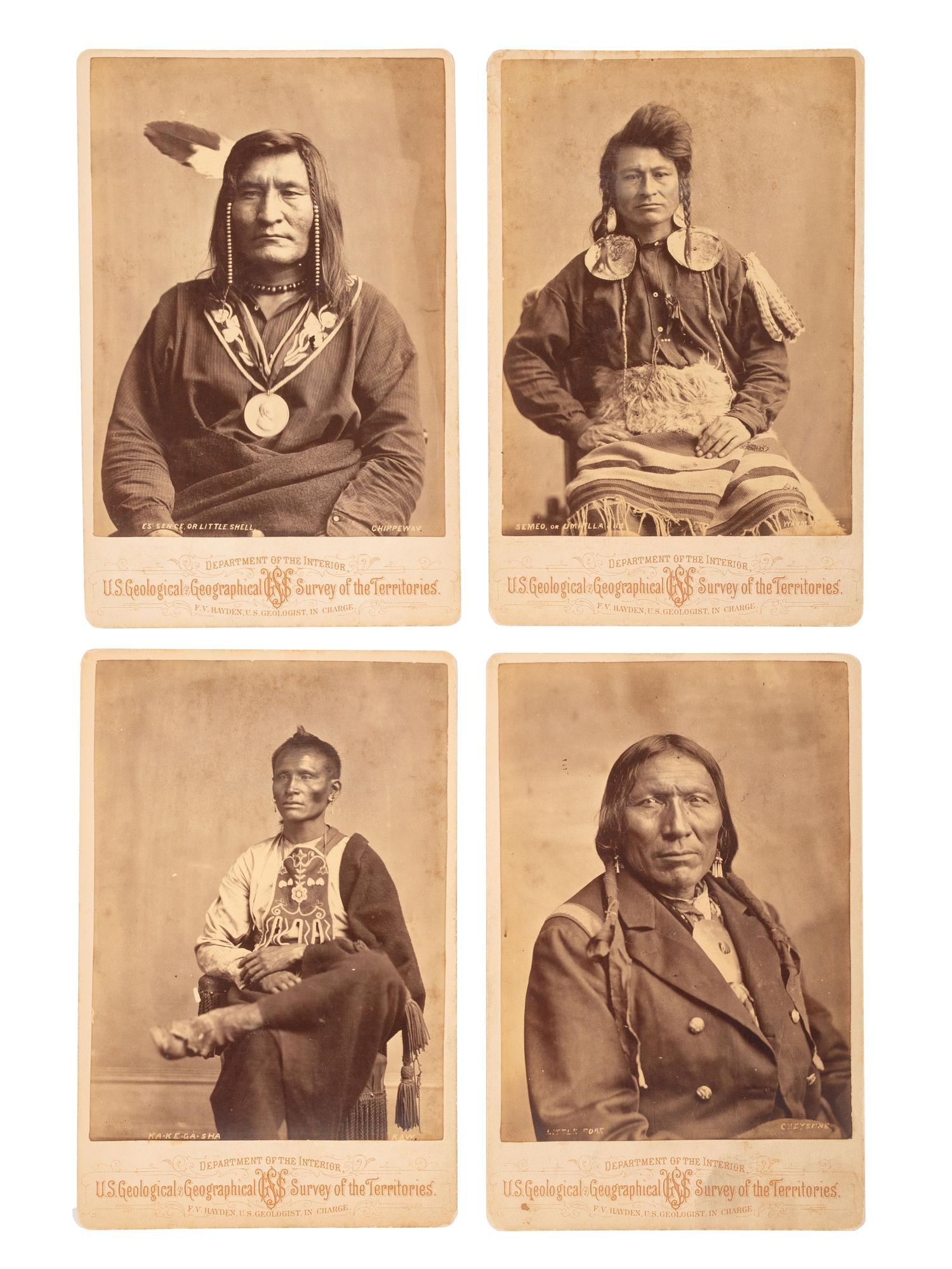 [NATIVE AMERICANS]. A group of 4 cabinet photographs of Native American subjects from the Hayden Geological Survey. Ca 1870s.