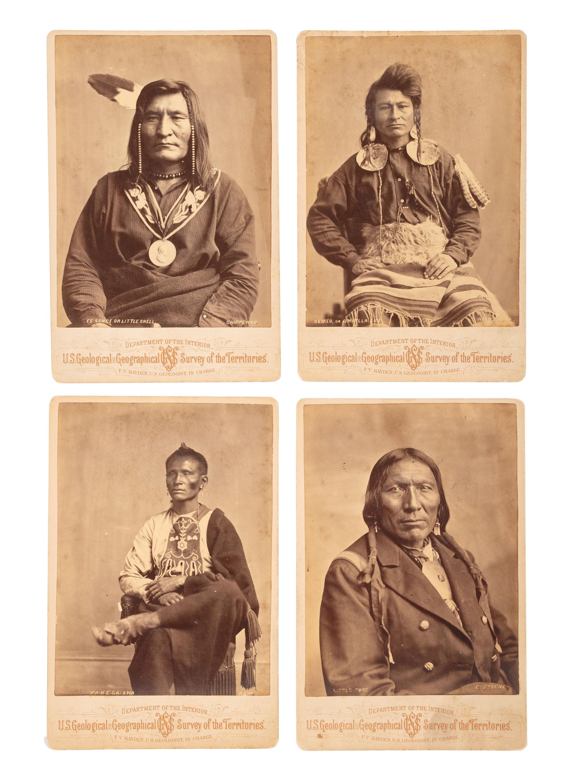 [NATIVE AMERICANS]. A group of 4 cabinet photographs of Native American subjects from the Hayden Geological Survey. Ca 1870s.