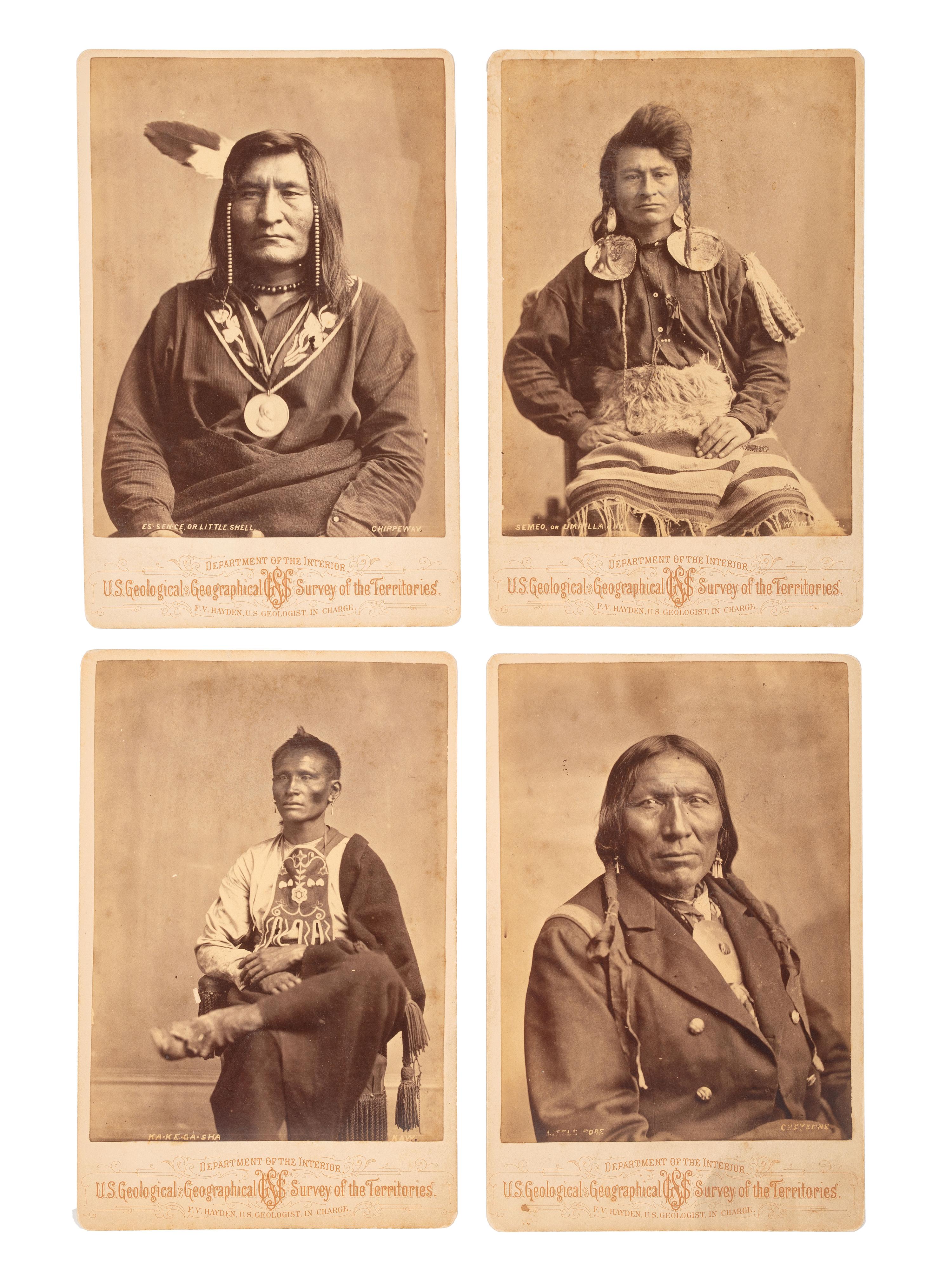 [NATIVE AMERICANS]. A group of 4 cabinet photographs of Native American subjects from the Hayden Geological Survey. Ca 1870s.