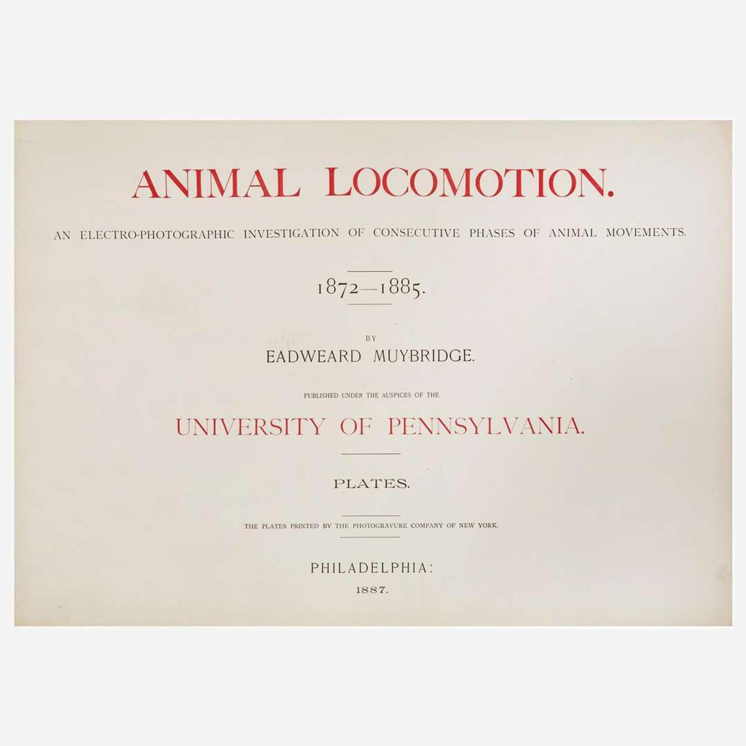 [Photography] Muybridge, Eadweard Collection of 111 Plates from "Animal Locomotion. An Electro-Photographic Investigation of Consecutive Phases of Animal Movements. 1872-1885"