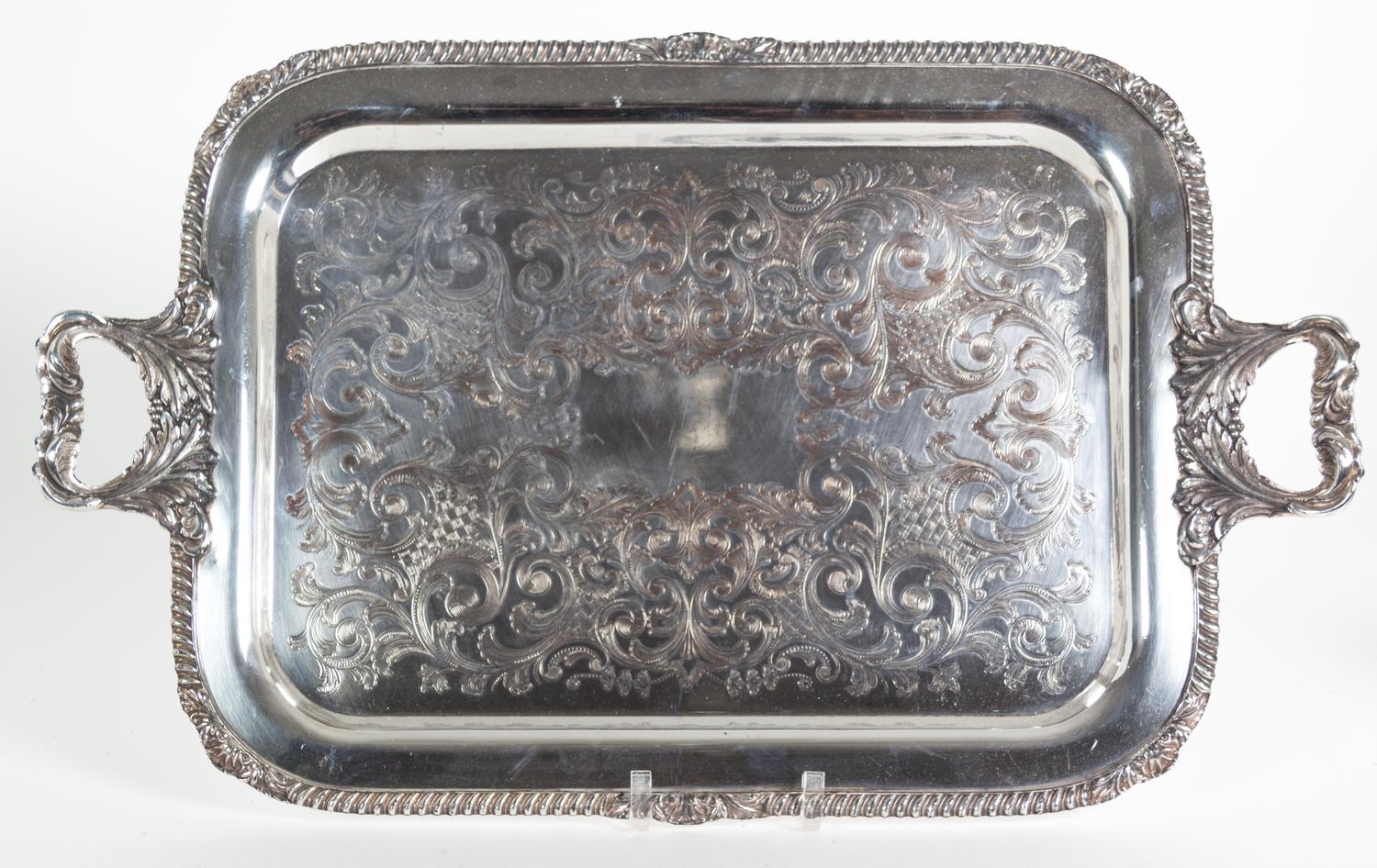 Eight Miscellaneous Silverplate Serving Trays Largest, length over handles 26 1/2 inches.