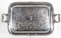 Eight Miscellaneous Silverplate Serving Trays Largest, length over handles 26 1/2 inches.