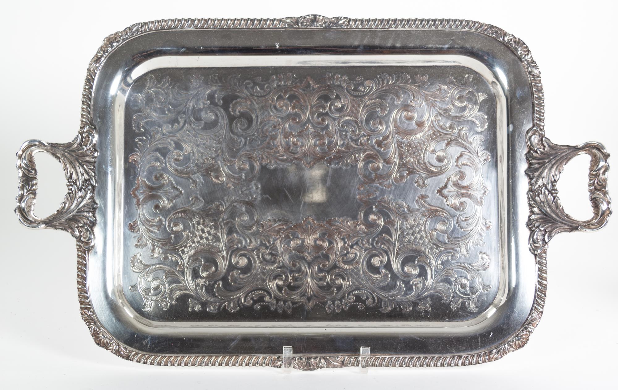 Eight Miscellaneous Silverplate Serving Trays Largest, length over handles 26 1/2 inches.