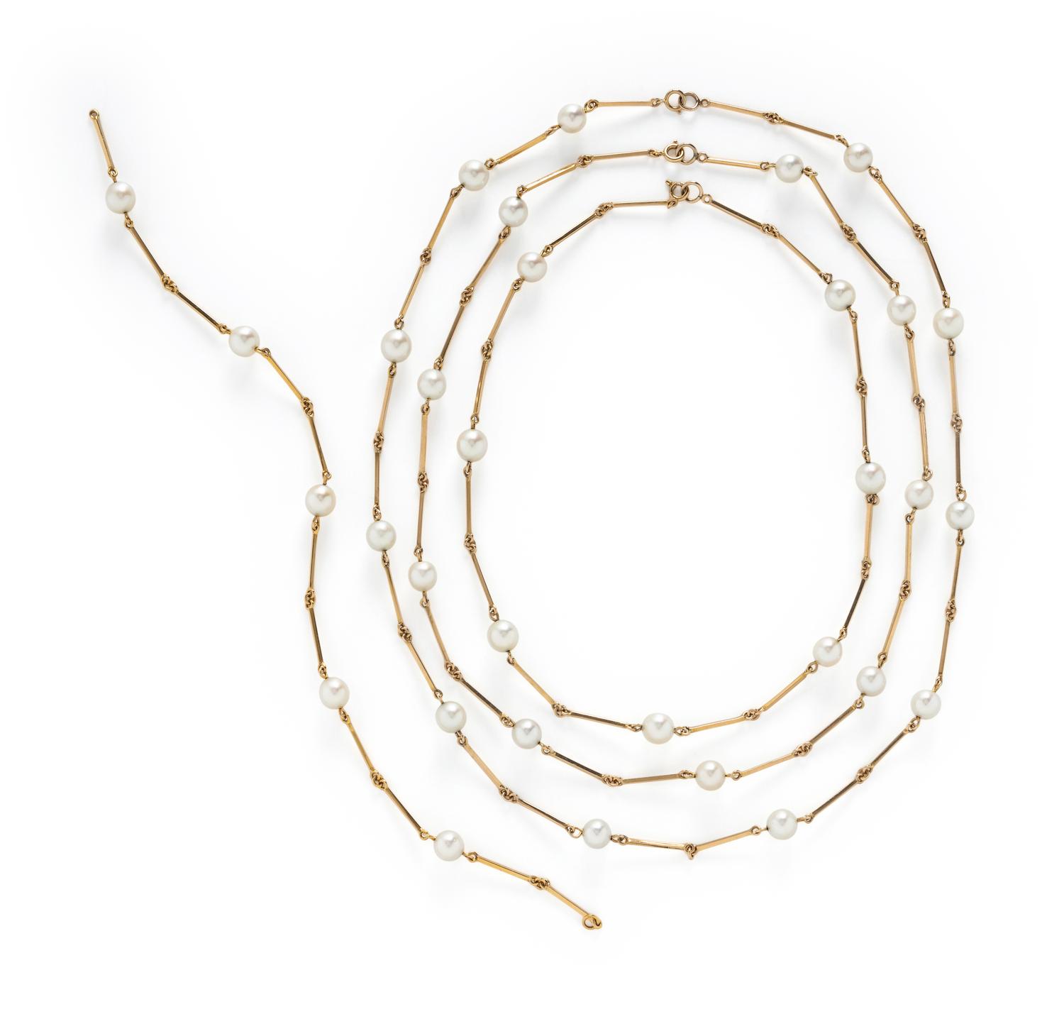 THREE NESTING CULTURED PEARL AND YELLOW GOLD STATION NECKLACES