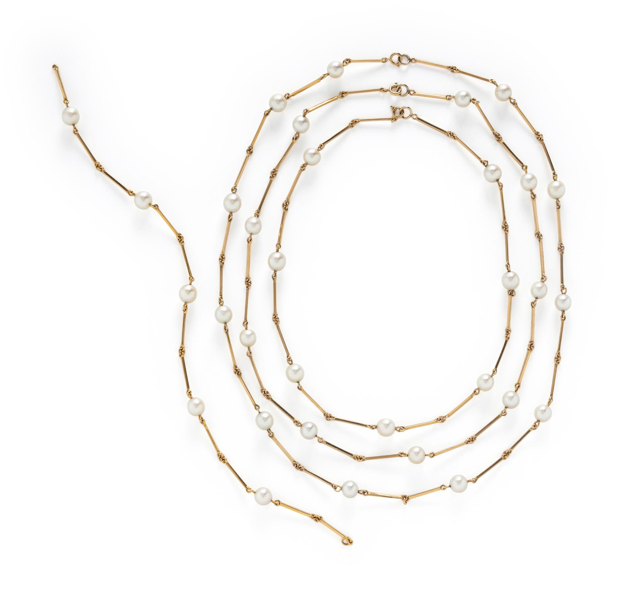 THREE NESTING CULTURED PEARL AND YELLOW GOLD STATION NECKLACES