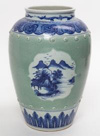 An Underglazed Blue and Celadon Porcelain Vase Height 16 inches.