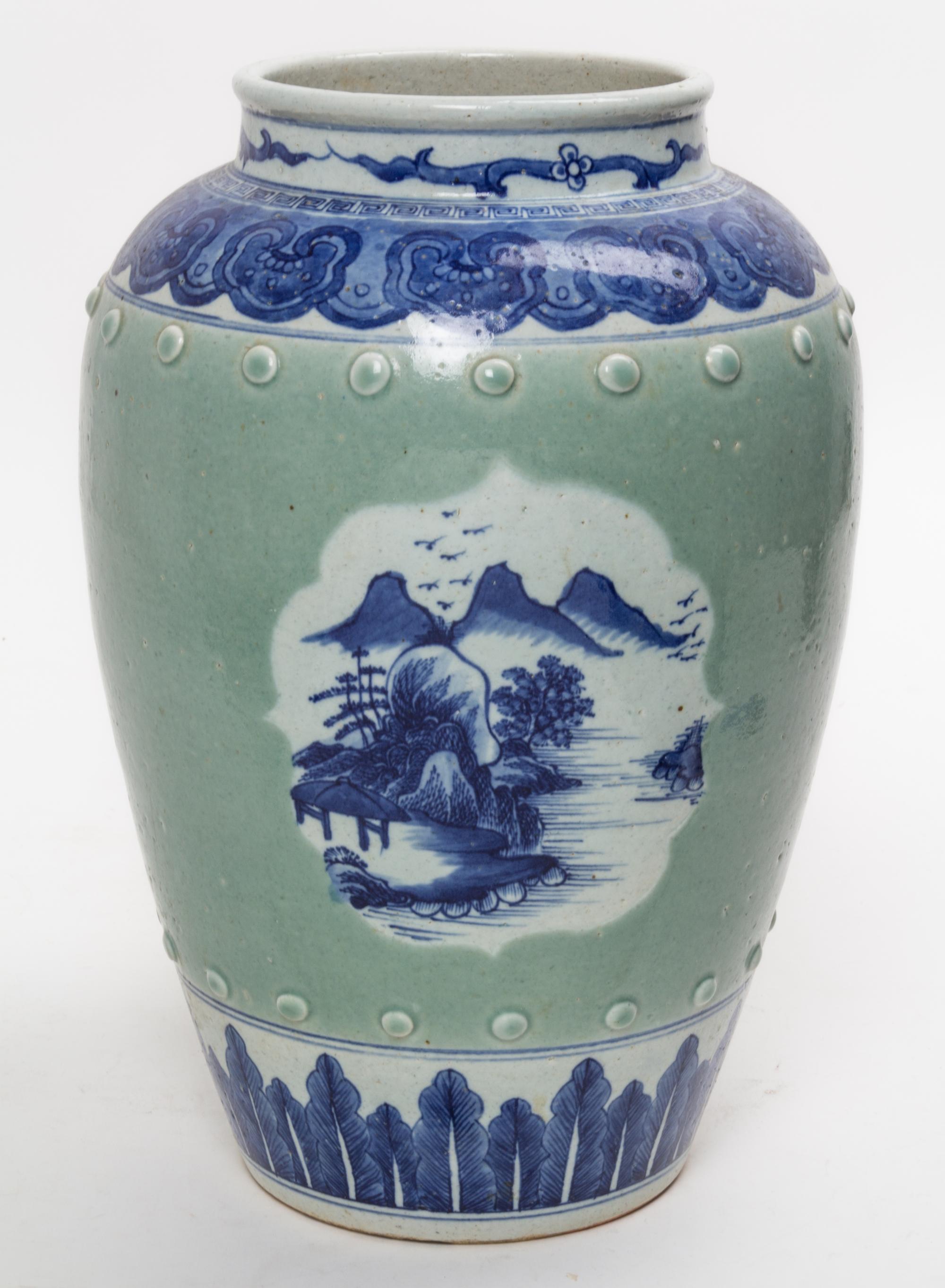 An Underglazed Blue and Celadon Porcelain Vase Height 16 inches.