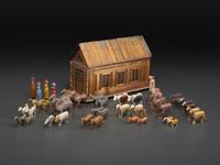 A Carved Wood and Applied Straw Work Noah's Ark with Slide-Front Cover