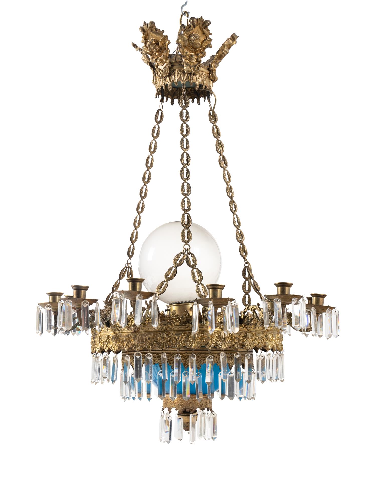A French Opaline Glass and Gilt Metal Twelve-Light Chandelier
