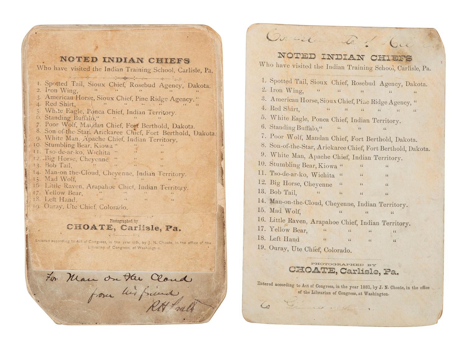 CHOATE, John N. (1848-1902), photographer. 3 cabinet cards of "Noted Indian Chiefs."