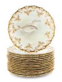A Set of Fourteen Royal Doulton Parcel-Gilt Porcelain Fish Plates