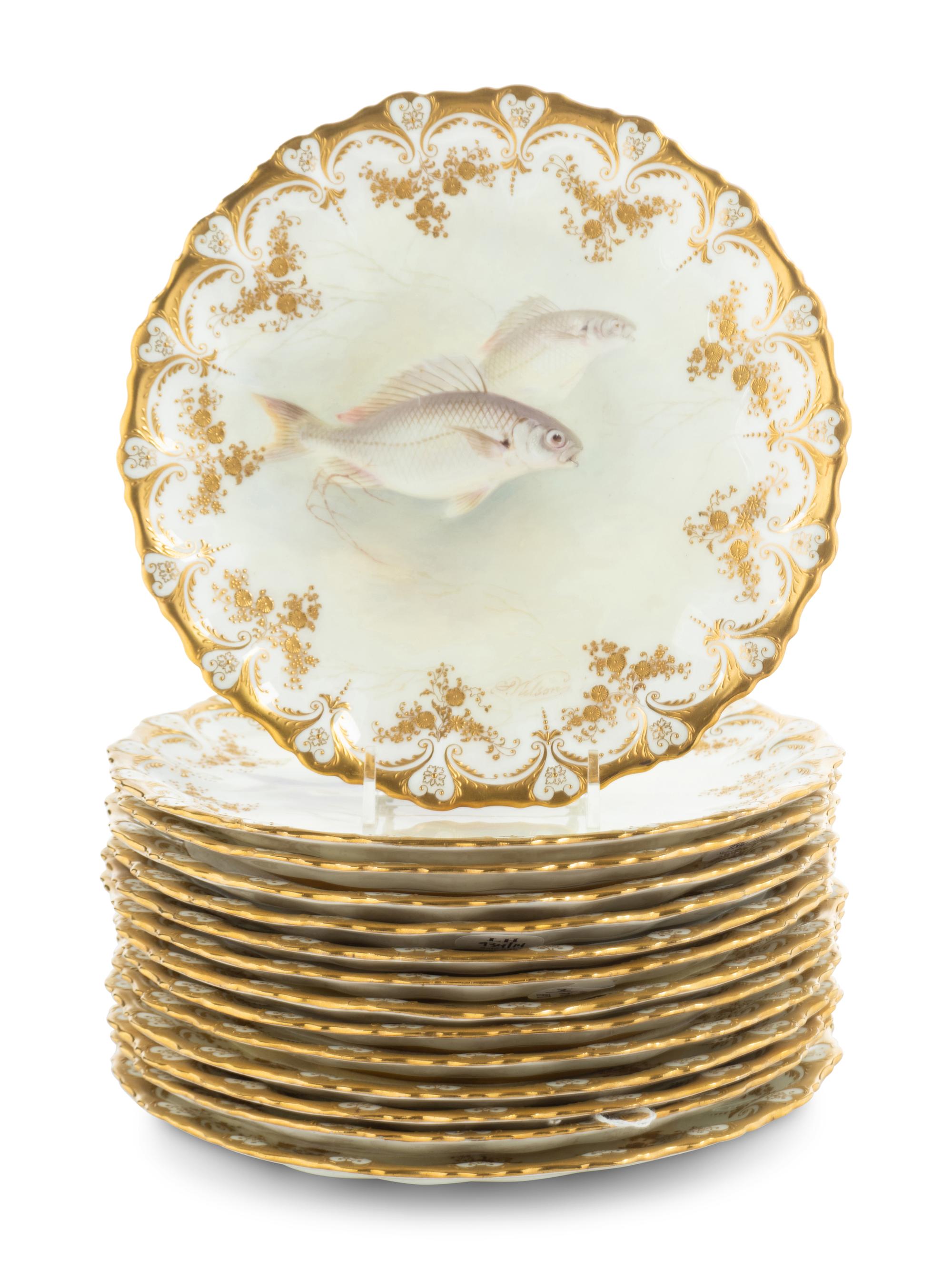 A Set of Fourteen Royal Doulton Parcel-Gilt Porcelain Fish Plates