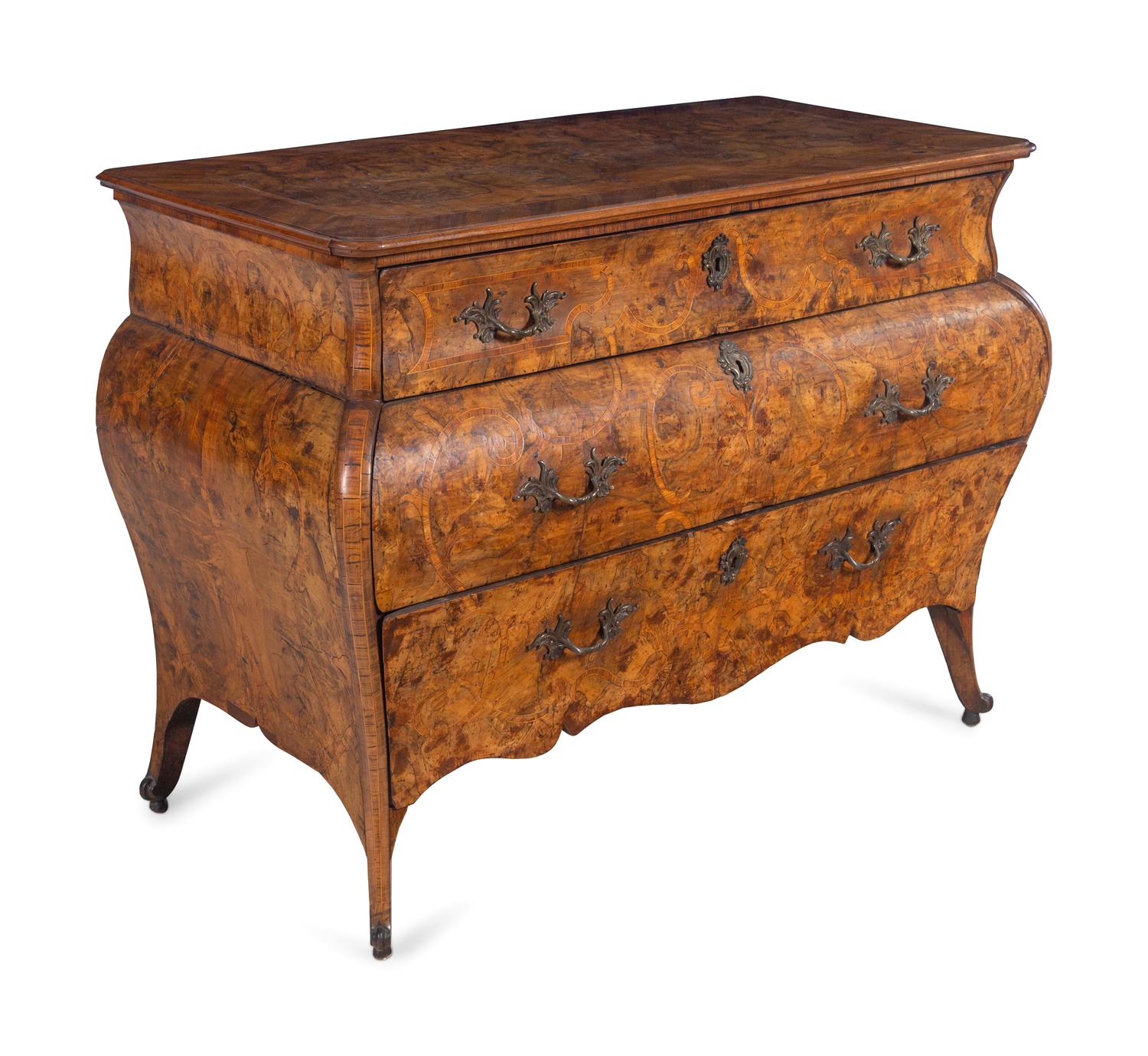 A Venetian Rococo Marquetry and Burl Radica Bombé Commode
