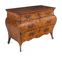 A Venetian Rococo Marquetry and Burl Radica Bombé Commode