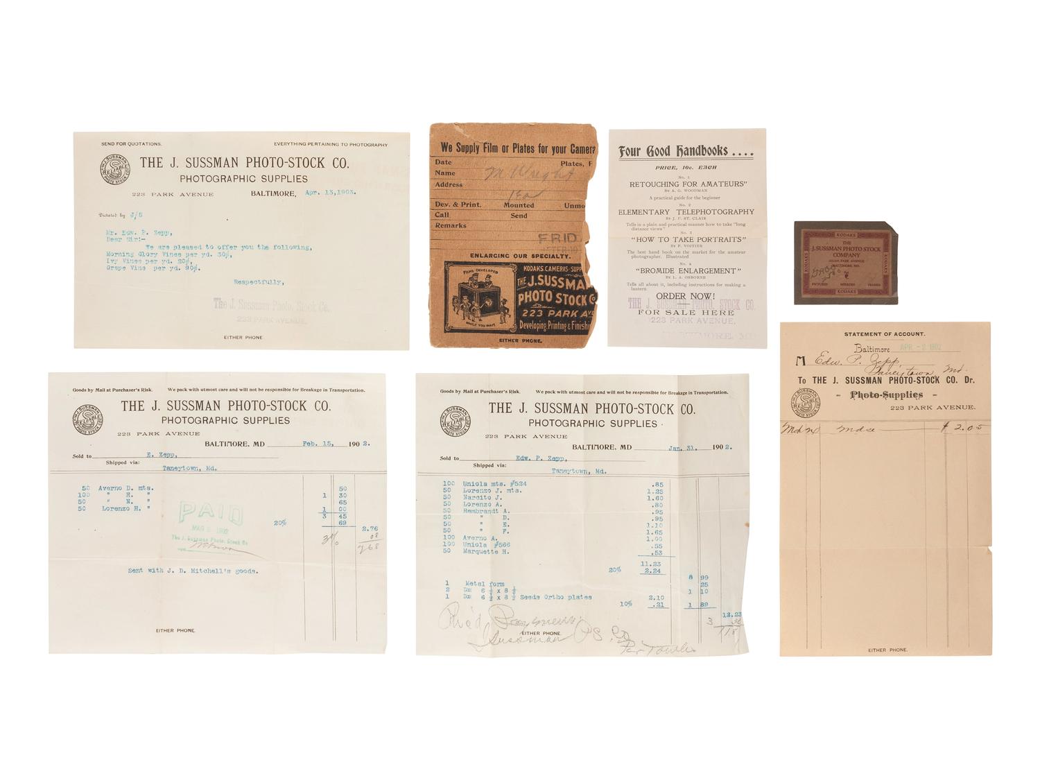 [EARLY PHOTOGRAPHY]. J. Sussman Photo Stock Co. archive, incl. photographs and ephemera.