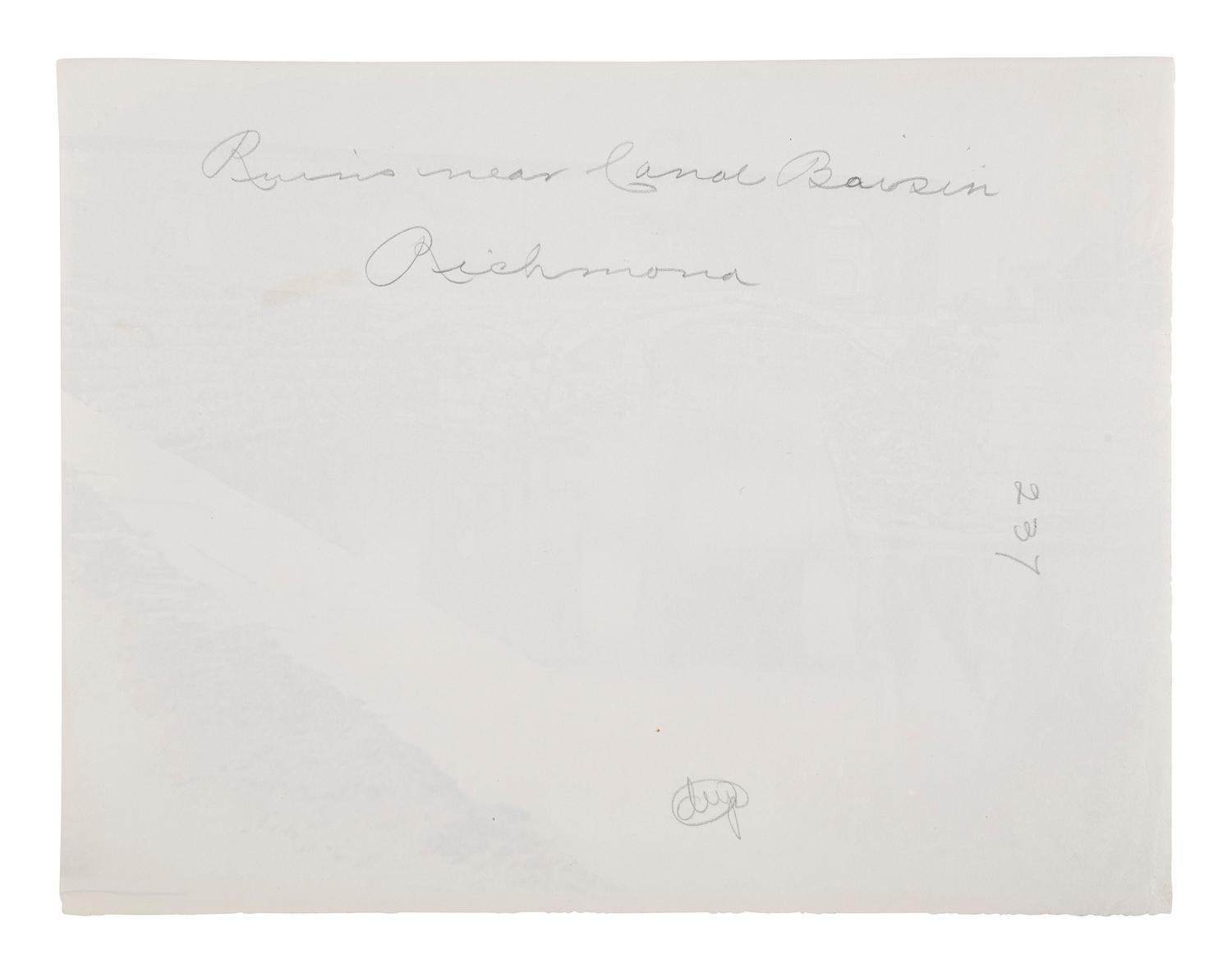 [CIVIL WAR]. GARDNER, Alexander (1821-1882). Canal and Ruins of Richmond and Danville Railroad Depot, Richmond, Virginia. 1865.