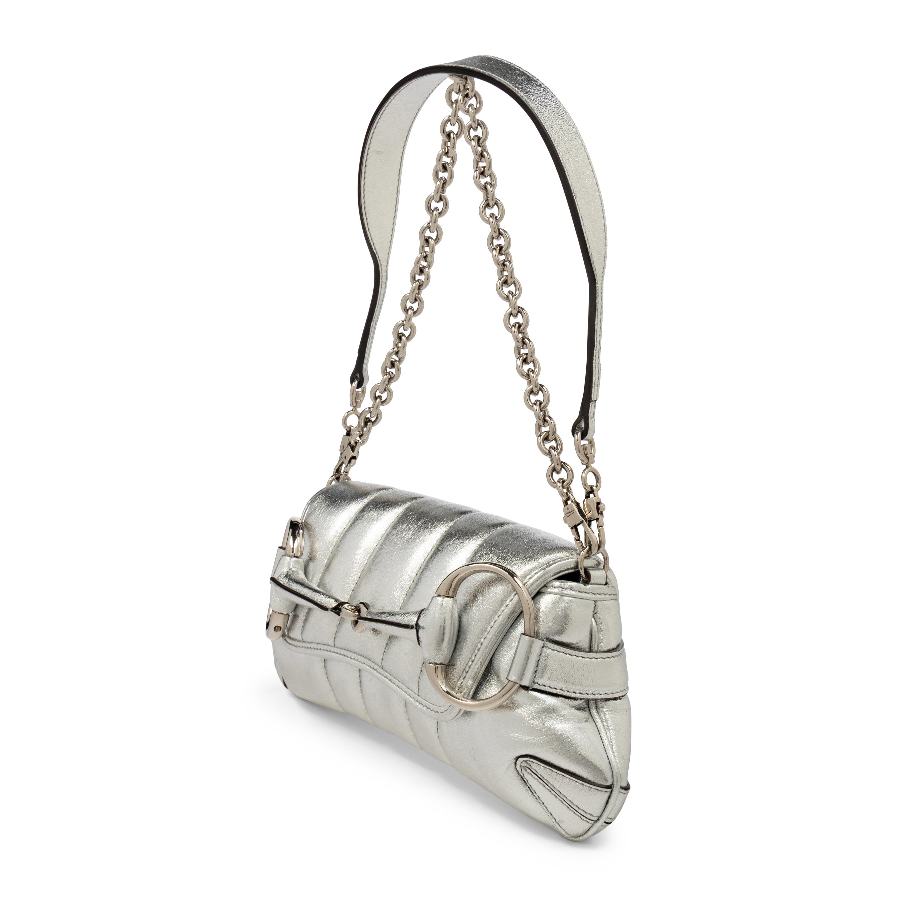 GUCCI, SILVER LEATHER HORSEBIT BAG