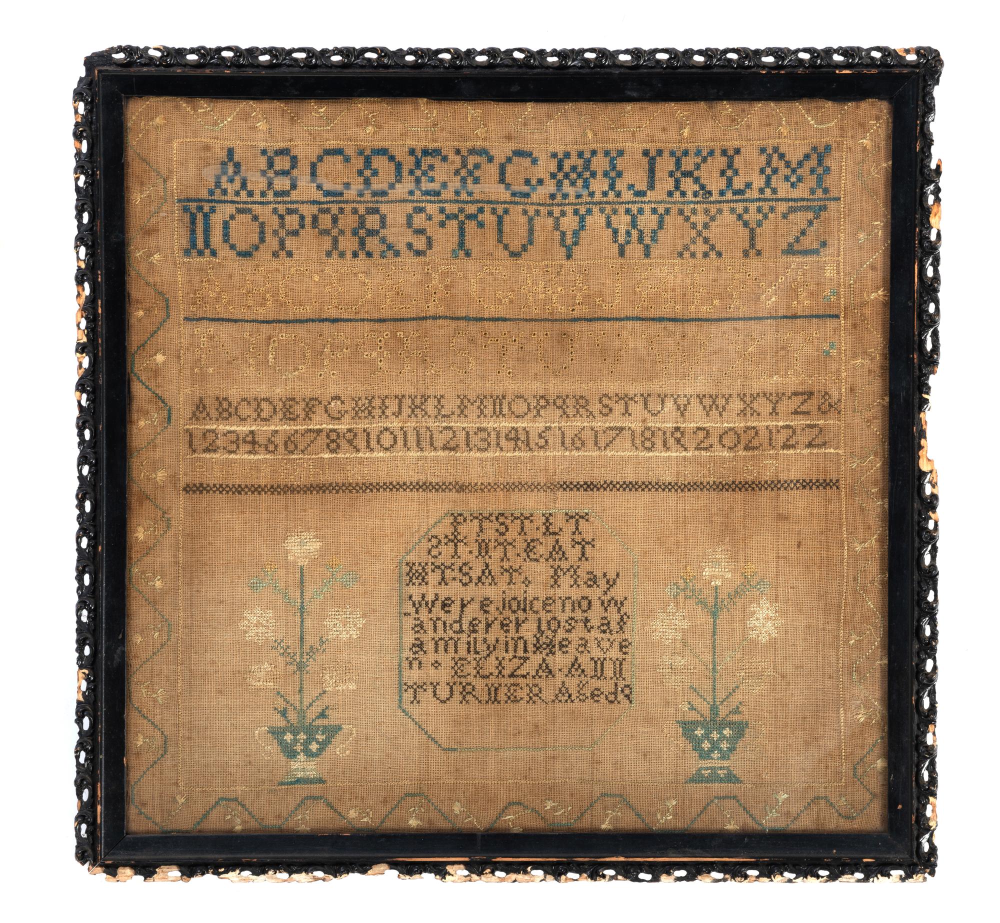 A Needlework Embroidered Schoolgirl's Sampler, Wrought by Eliza Ann Turner