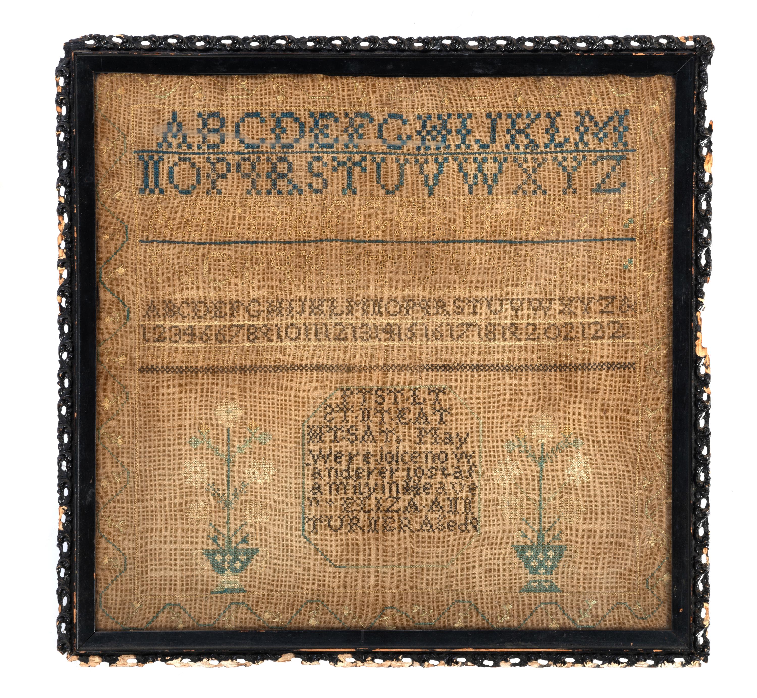 A Needlework Embroidered Schoolgirl's Sampler, Wrought by Eliza Ann Turner