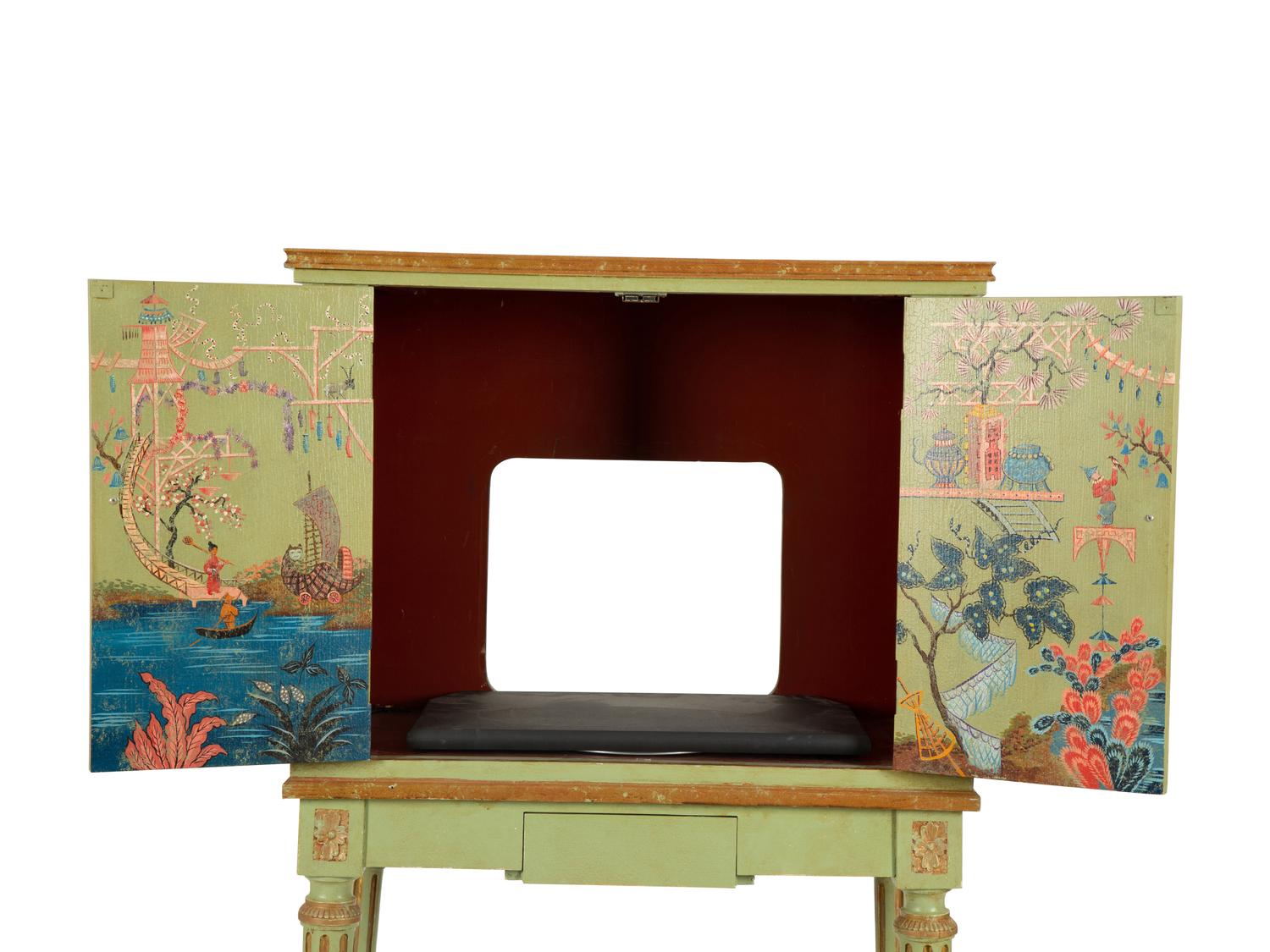 A Louis XVI Style Painted and Parcel Gilt Chinoiserie Decorated Cabinet on Stand